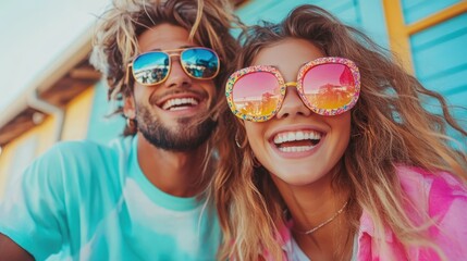 Two friends striking a pose with colorful, bold sunglasses against a bright backdrop, embodying modern fashion and youthful exuberance in a stylish image.