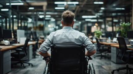 Fototapeta premium A professional in a wheelchair looks toward a bustling office space, symbolizing accessibility, adaptability, and engagement in a modern work environment.
