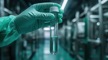A green-gloved hand holds a transparent test tube containing a liquid, emphasizing the precision and focus in a highly controlled laboratory environment.