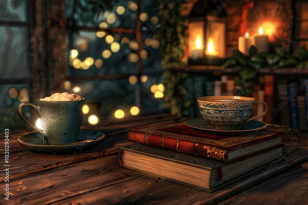 Aufkleber a warm and inviting book cafe features two coffee cups beside stacked books, enhanced by soft ambien