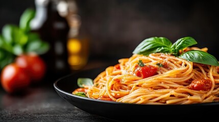 A vibrant plate of spaghetti Bolognese with ripe cherry tomatoes and fresh basil, bringing a taste of classic Italian comfort food to the dining experience.