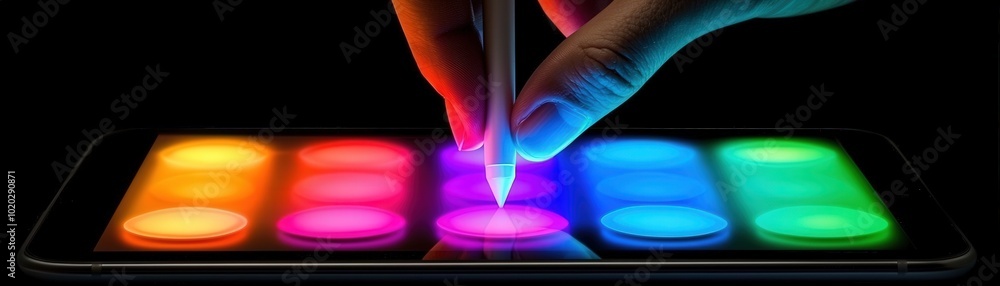 Poster hand using stylus on colorful touchscreen device