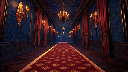 An opulent hall is adorned with golden candelabras and rich velvet curtains