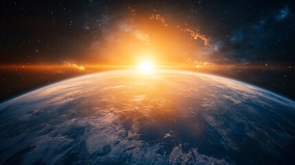 Obraz premium Sunrise over Earth from Space with Bright Sun and Clouds