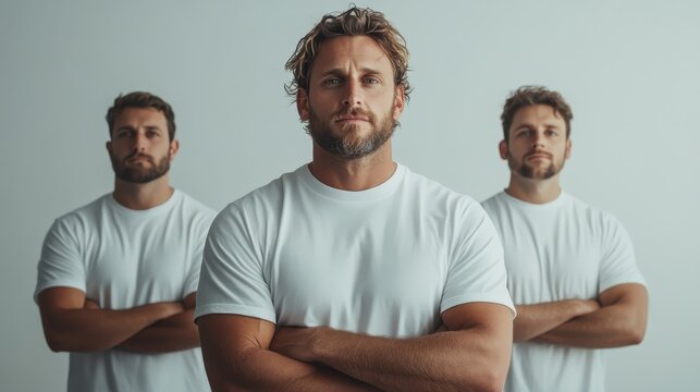 A creative triple portrait featuring a man and his clones, exploring the concept of identity and individuality in a minimalist white studio setting.