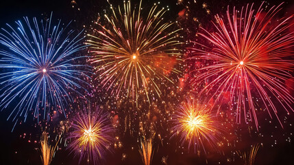 Obraz premium A dazzling display of colorful fireworks bursts across the night sky, celebrating the New Year.