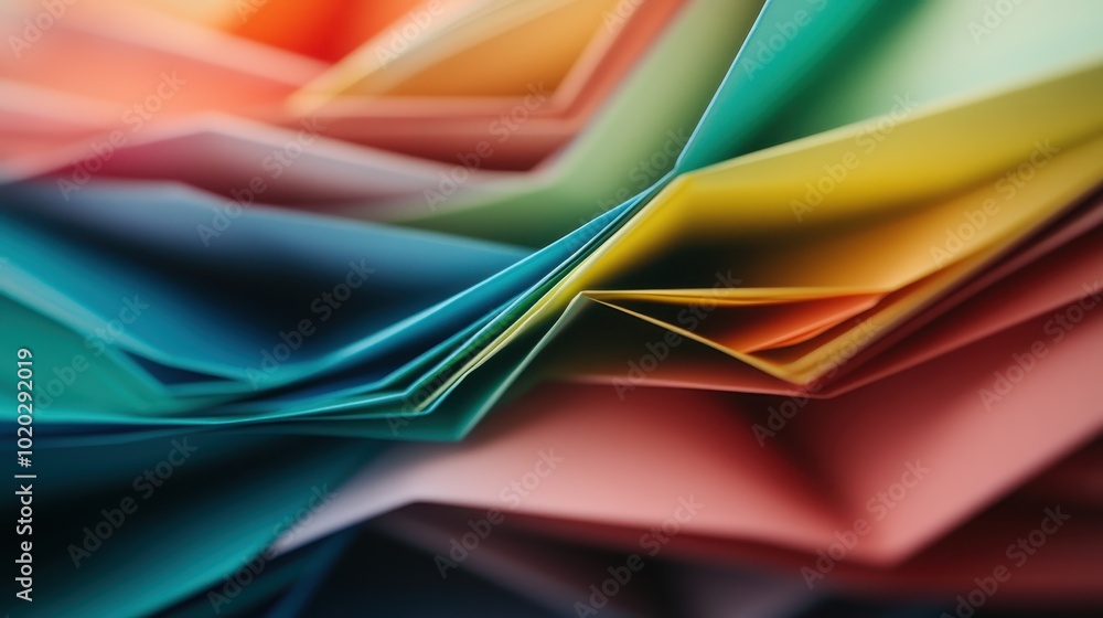 Poster a captivating abstract display of colorful folded paper layers, creating a vivid, dynamic compositio