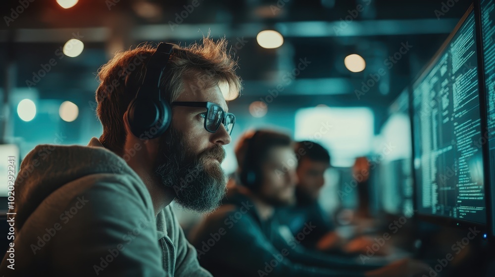Poster a dedicated individual with headphones is deeply immersed in coding, working on a computer in a mode