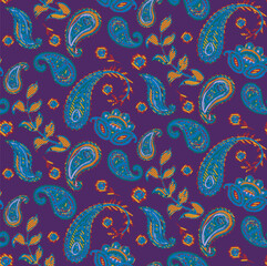 Fototapeta premium Vector paisley seamless pattern on purple background.