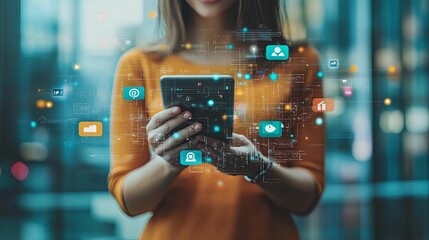 Woman using a smartphone with digital icons and lines overlayed