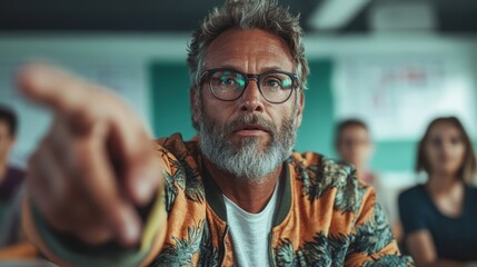 A bearded man with glasses wearing a patterned jacket, points forward in a classroom, surrounded by blurred figures, highlighting focus and engagement.