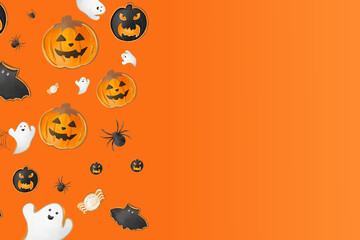 Halloween themed background with floating ghosts, pumpkins, bats, and spiders on orange background - Halloween Theme