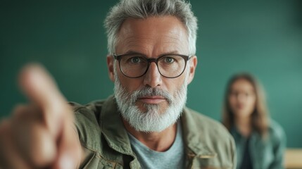 A man with grey hair and glasses in a classroom reaches outward with focus, highlighting an intent look amid a blurred female figure in the background.