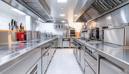 Gleaming stainless steel appliances and countertops fill this professional empty kitchen