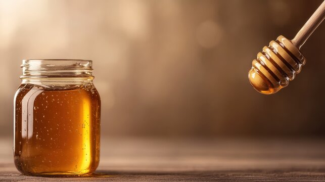 A glass jar filled with golden honey, complemented by a wooden dipper, placed on a wooden table that exudes a warm and cozy atmosphere from its setup.