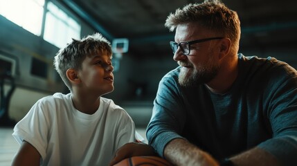A father and son are sitting close on the basketball court, sharing a meaningful moment while bonding over the sport, showcasing closeness and mentorship.