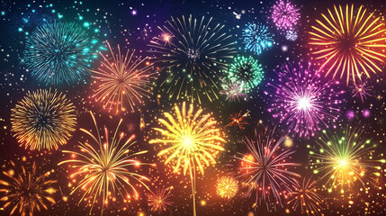 A dazzling display of colorful fireworks bursts across the night sky, celebrating the New Year.