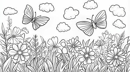 Two Butterflies Flying Over a Field of Flowers and Clouds