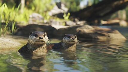 Two otters swimming in a serene natural setting with rocks and lush greenery.
