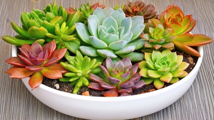 Close-up of a succulent plant in a white pot with focus on its geometric leaf patterns and vibrant green hues