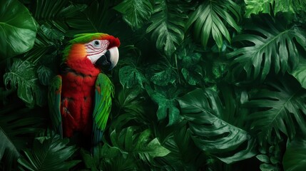 A strikingly colorful parrot perches amidst a dense jungle backdrop. Its brilliant red and green feathers blend seamlessly with the rich foliage surrounding it.