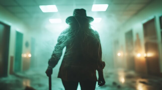 A shadowed figure stands in a fog-filled corridor, wearing a hat and holding a cane, illuminated by overhead lights, evoking a mysterious and eerie atmosphere.