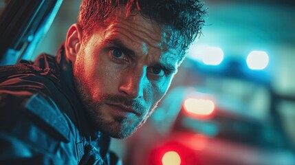 A man with intense focus and determination, framed by the blurred glow of red and blue police lights creating a dramatic urban scene at night.