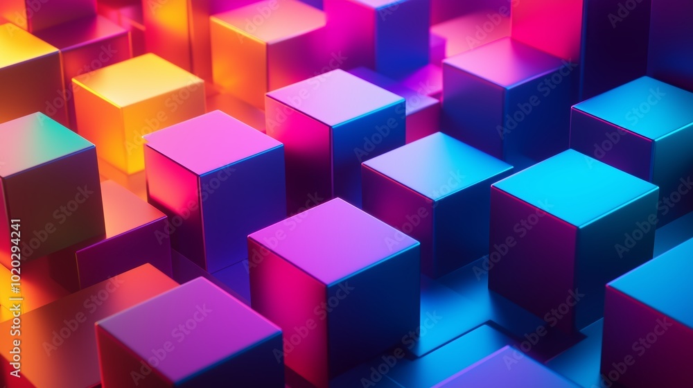 Poster colorful illuminated cubes arranged in vibrant patterns, showcasing dynamic lighting effects in a di