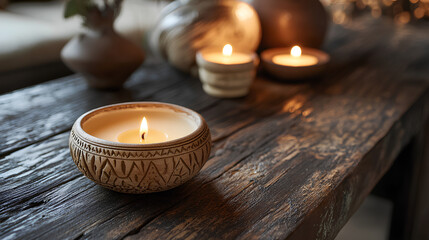 A close-up of a candle in a ceramic holder with intricate carvings, burning on a rustic wooden table.