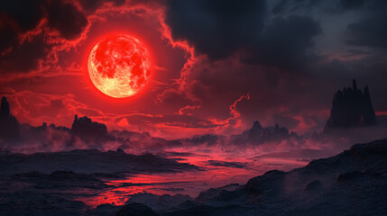 Red Moon Over Desolate Terrain: A dramatic scene where a red moon casts an ominous glow over a desolate, smoke-filled terrain.