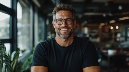 Fototapeta premium A stylish man wearing glasses smiles confidently in a modern workspace, embodying professionalism and friendliness in a sleek and contemporary setting.