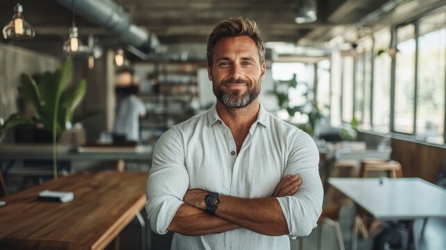 A confident man with a beard stands in a modern rustic interior, exuding strength and composure with a friendly demeanor and welcoming presence.