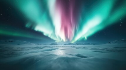 An awe-inducing aurora illuminating the icy polar landscape with vivid green and pink colors against a starry sky, merging fantastical phenomena and natural art.