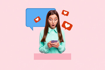 Composite photo collage of shocked girl hold phone receive heart like notification popular blogger...