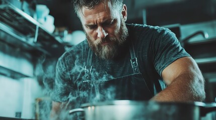 A concentrated chef in an apron is seen working over steaming pots in a busy kitchen, embodying the dedication and passion that culinary arts demand.