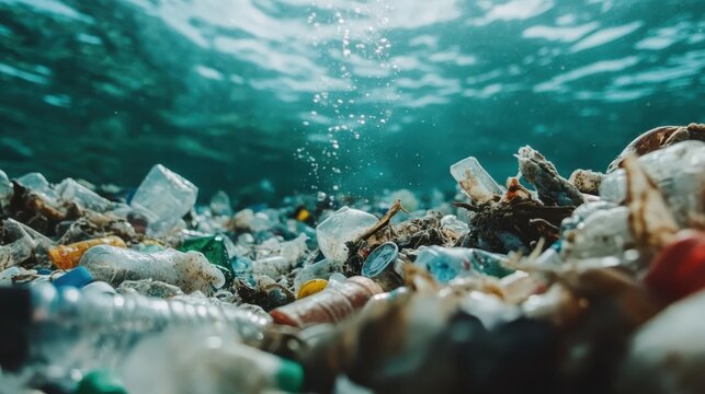 An underwater perspective reveals an alarming collection of plastic waste and debris, highlighting the critical issue of marine pollution and its effects on ocean life.