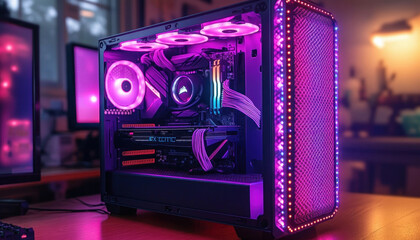 Modern gaming computer with its side panel open, showing illuminated components and rgb lighting