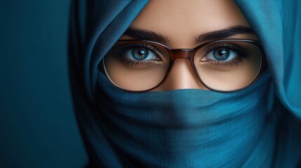 Naklejka premium A close-up image of a woman partially covered by a blue hijab and wearing glasses, emphasizing her mysterious and intense blue eyes.