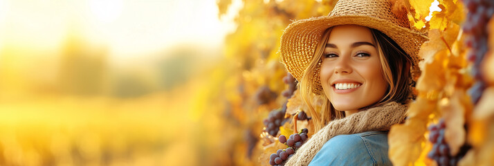 Young woman is smiling while harvesting grapes in a vineyard at sunset