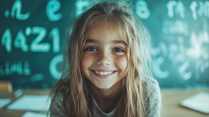A smiling girl with long hair is in focus; behind her are blurred mathematical notations on a chalkboard, representing joy, learning, and intellectual curiosity.