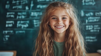 A cheerful young girl with long hair smiles brightly against a chalkboard covered in mathematical equations, emphasizing joy in learning and curiosity in education.
