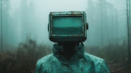 A turquoise robot with a screen face appears amidst a foggy forest, projecting an enigmatic and futuristic presence against the backdrop of blurred trees and mist.