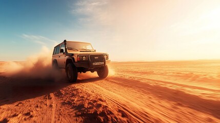 Obraz premium A 4x4 vehicle braving harsh desert heat, with dust swirling around as it drives through extreme conditions