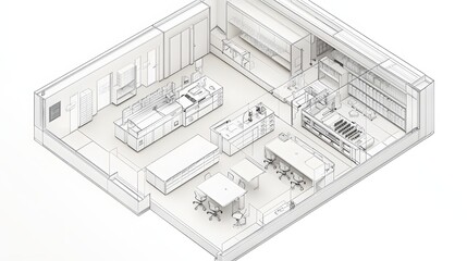 121. A laboratory layout showcasing fume hoods and collaborative spaces
