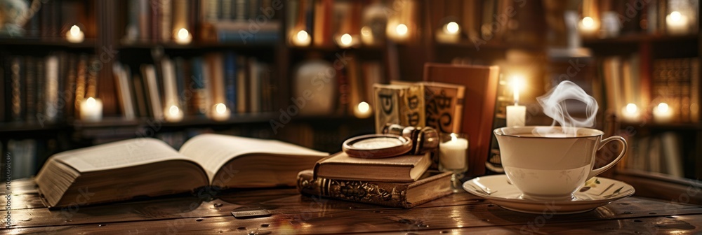 Poster a warm, inviting space featuring open books, a steaming cup of coffee, and soft candlelight, perfect