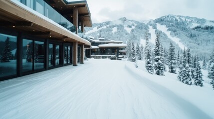 Fototapeta premium A picturesque winter scene showcasing a cozy chalet with expansive snow-covered mountains in the background, creating an idyllic and serene winter atmosphere.