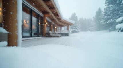 Fototapeta premium A cozy chalet during a snowstorm, with snowflakes creating a dreamy effect. The background fades away, emphasizing the warmth and shelter offered by the home.