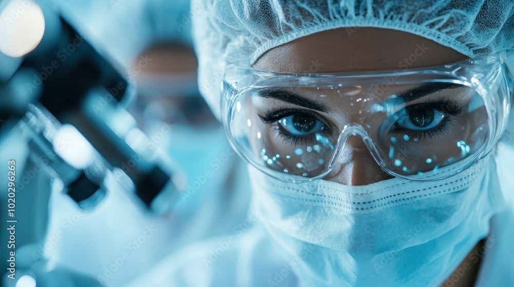 Poster close-up of a scientist focusing intensely while examining a sample under a microscope, highlighting