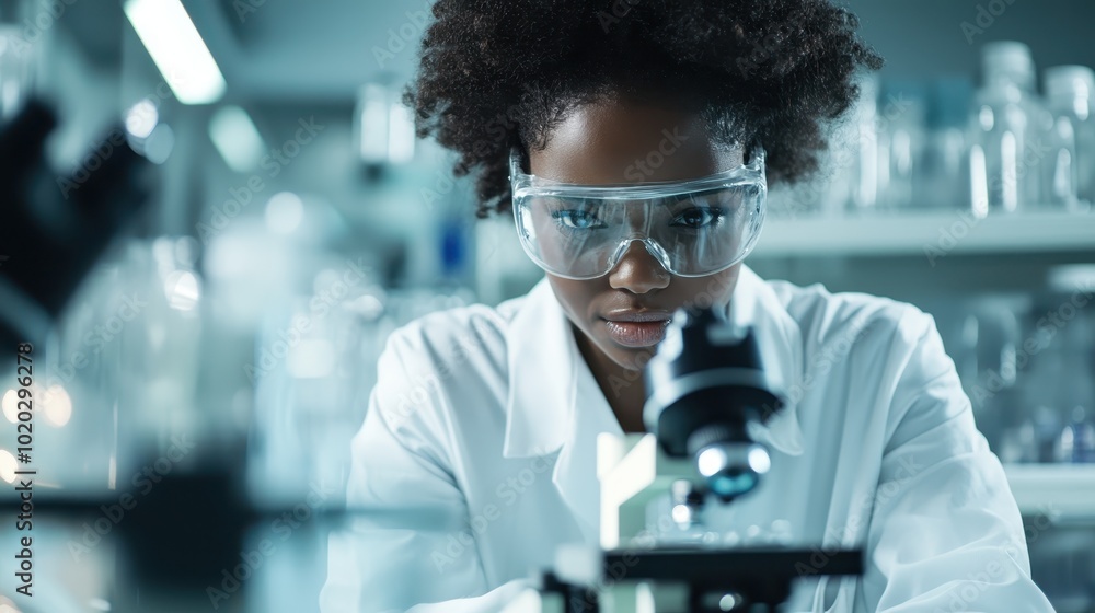 Poster a scientist is intently studying samples under a microscope in a research laboratory, showcasing foc