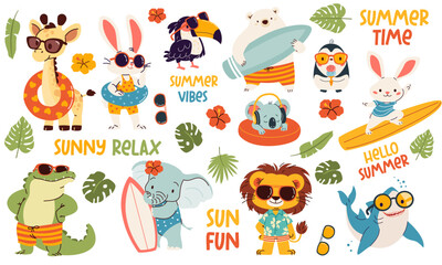 Set of vector illustrations in children's style on summer theme. Cute animals in sunglasses and surfboard. Lion polar bear penguin penguin shark toucan crocodile hare giraffe. Vector illustration